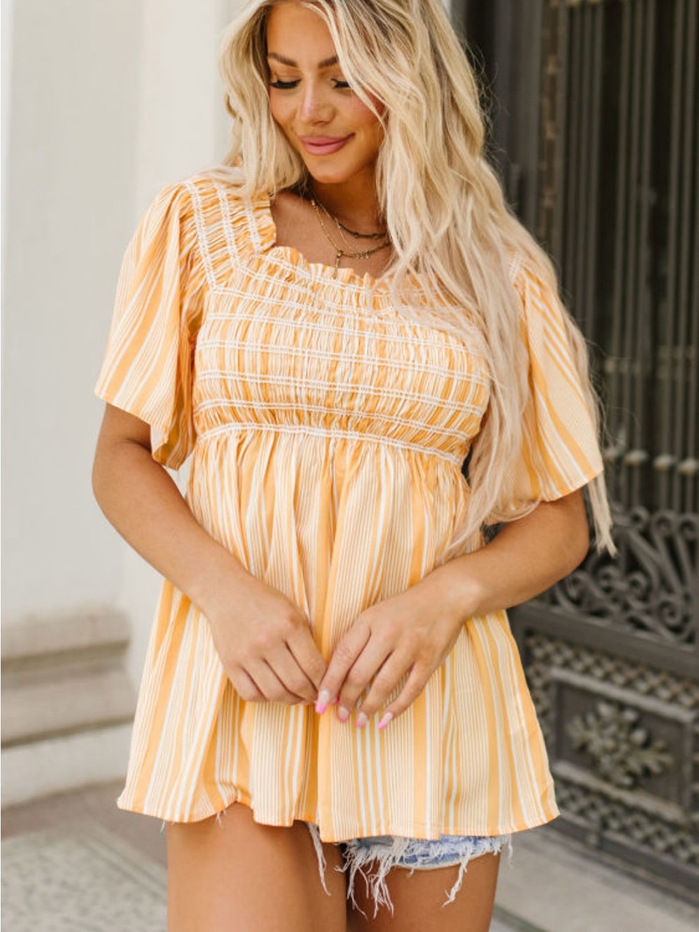 Yellow Stripe Smocked Babydoll Top/small